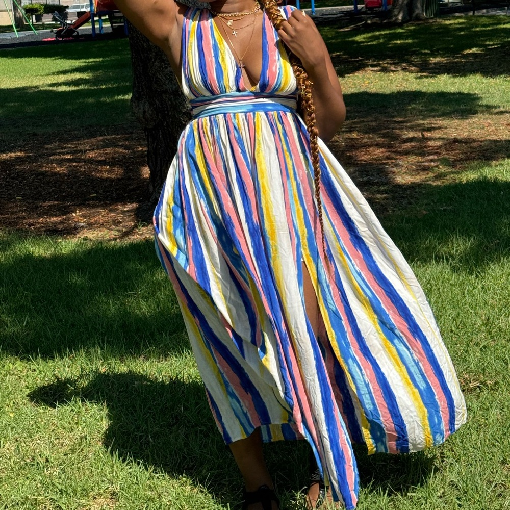 Miss Avenue Colorful Rainbow Strips Maxi Dress Size M